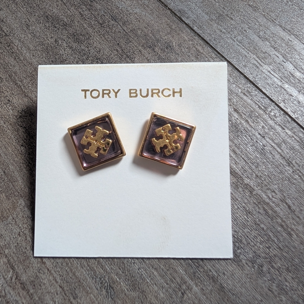 NEW TORY BURCH Resin Logo Stud Earrings Gold and Purple MSRP: $128 - Picture 2 of 4